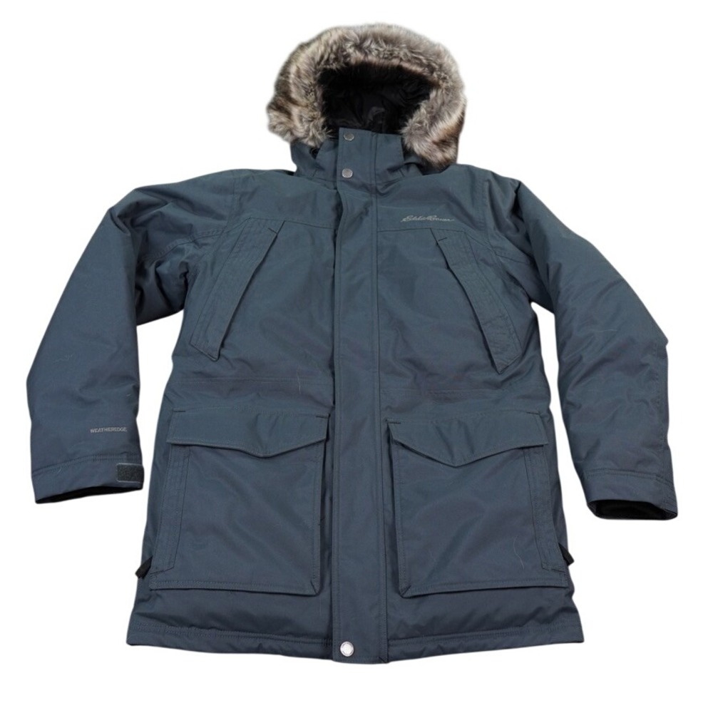 Eddie Bauer Superior Down Parka Men Large Gray Weatheredge Faux Fur Hood Jacket